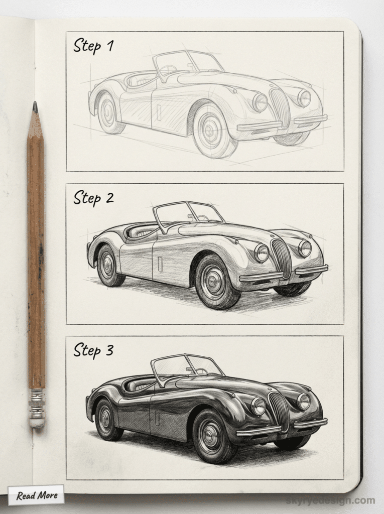 Three-step pencil drawing of a classic car, showcasing its design evolution from sketch to detailed illustration.