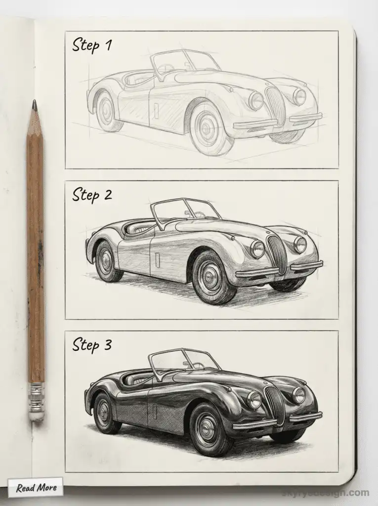 Three-step pencil drawing of a classic car, showcasing its design evolution from sketch to detailed illustration.