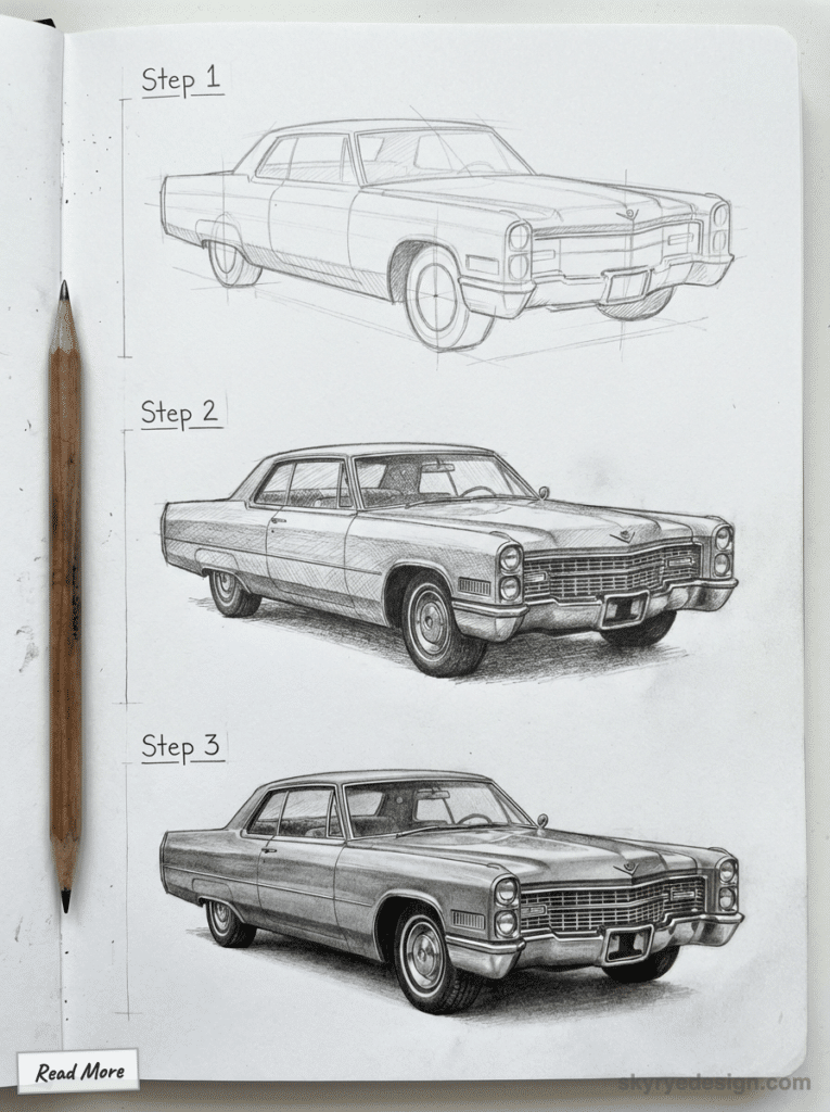 Pencil drawing process of a classic car in three steps, from sketch to detailed shading, featuring a vintage Cadillac.