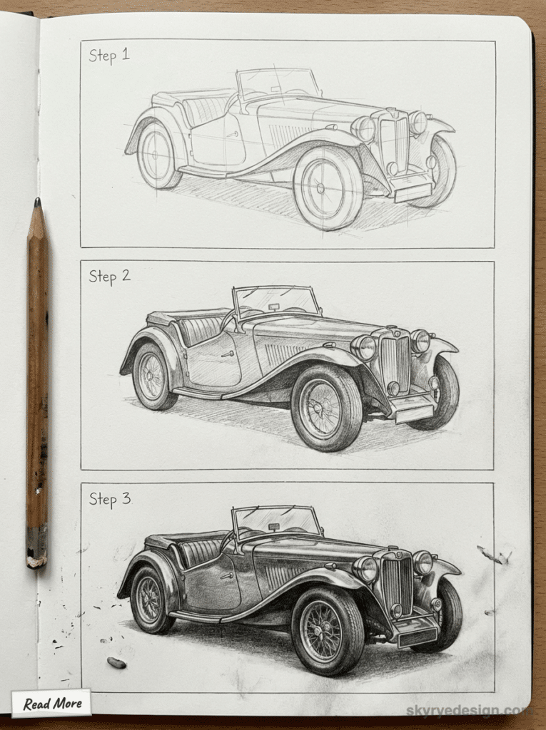 Three-step pencil drawing tutorial of a vintage convertible car, showcasing the progression from sketch to detailed shading. MG TC Roadster