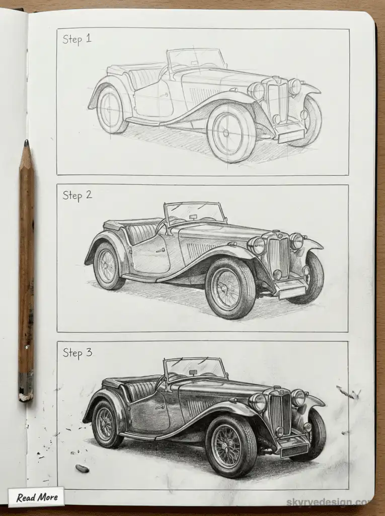 Three-step pencil drawing tutorial of a vintage convertible car, showcasing the progression from sketch to detailed shading. MG TC Roadster