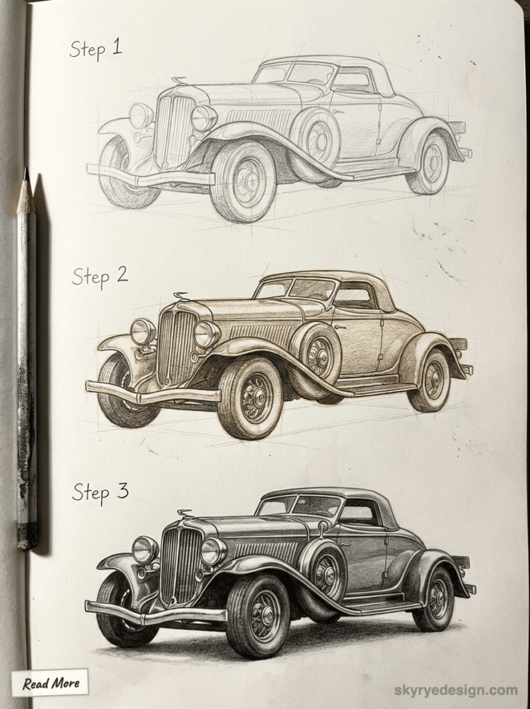 Three-step vintage car drawing process, from sketch to detailed shading, showcasing artistic progression with pencil on paper. Auburn Boattail