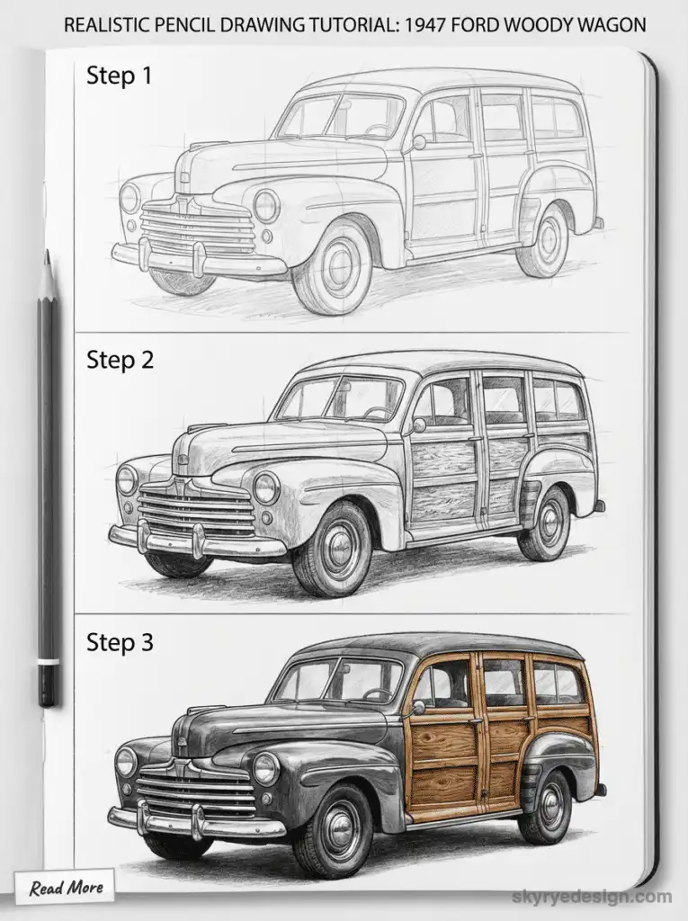 Pencil drawing tutorial of a 1947 Ford Woody Wagon in three steps, from outline to detailed shading and coloring.