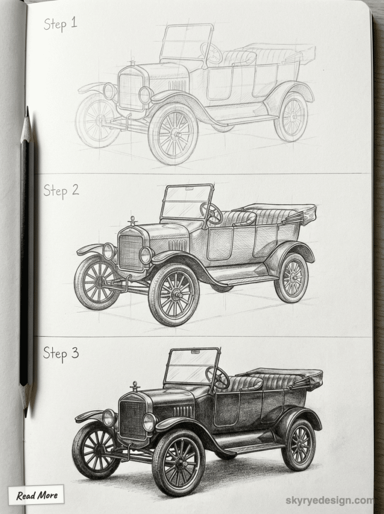Drawing steps of a vintage car from outline to detailed sketch, featuring a pencil for scale and detail development. Ford Model T