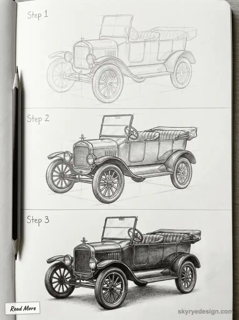 Drawing steps of a vintage car from outline to detailed sketch, featuring a pencil for scale and detail development. Ford Model T