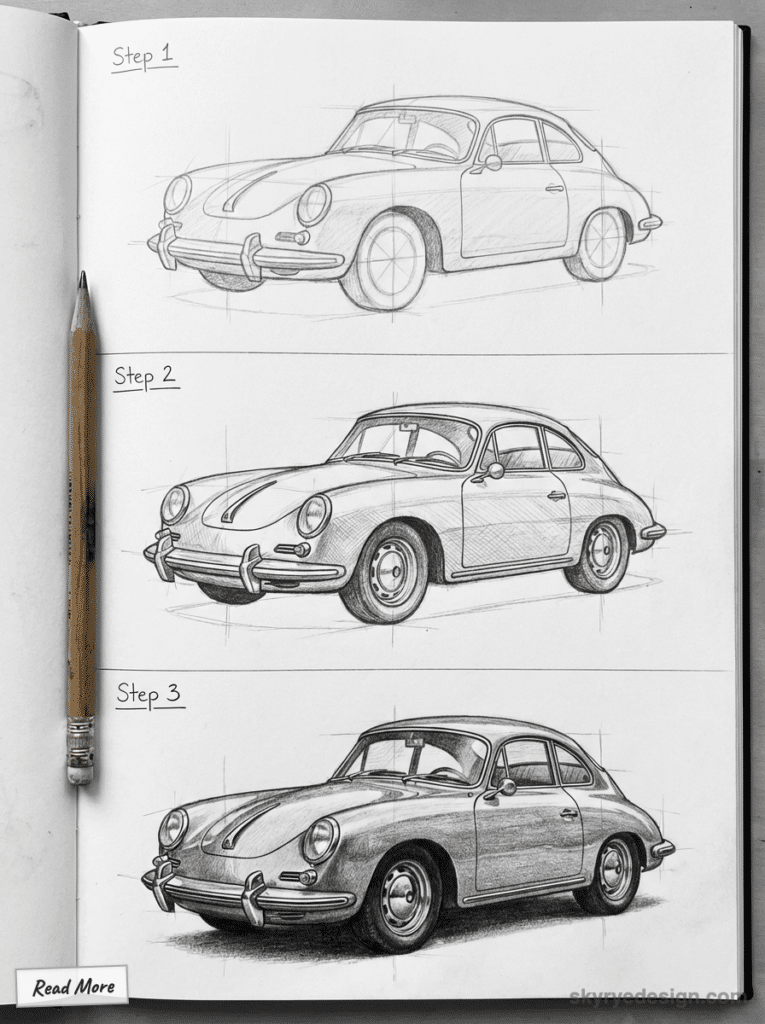 Step-by-step pencil sketch tutorial of a vintage car on a notepad, showcasing artistic progression with a pencil on the left. Porsche 356 