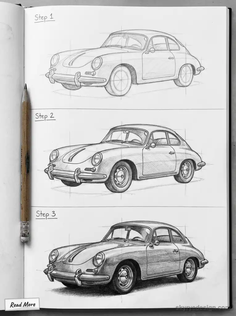 Step-by-step pencil sketch tutorial of a vintage car on a notepad, showcasing artistic progression with a pencil on the left. Porsche 356 
