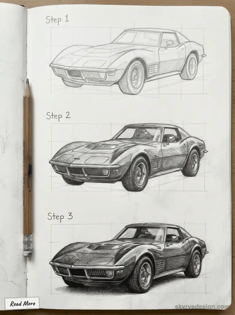 Three-step pencil drawing tutorial of a classic car, showing progression from sketch to detailed rendering on paper with a pencil. Corvette Stingray