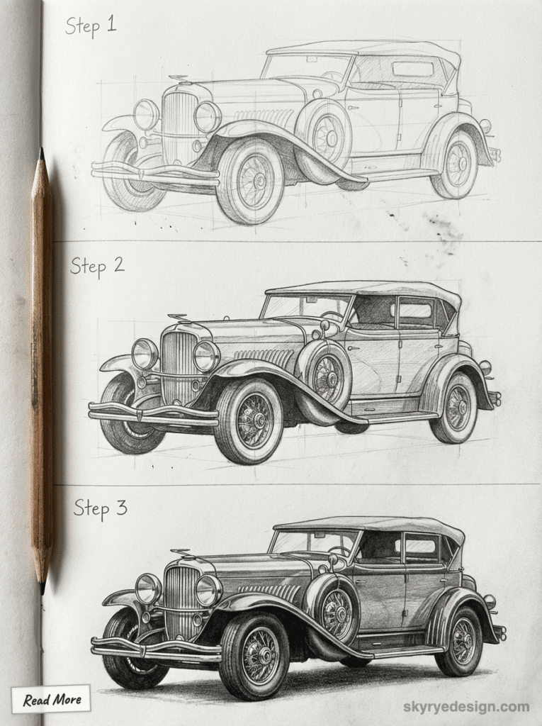 Step-by-step pencil drawing tutorial of a vintage car showing stages from sketch to detailed shading.