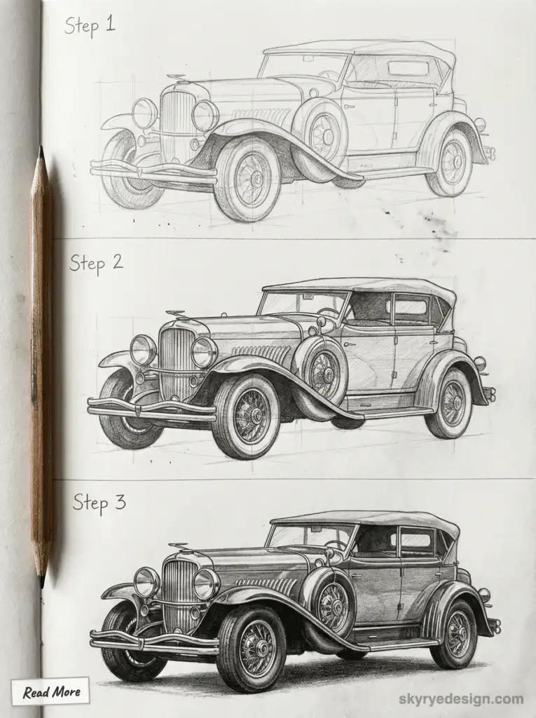 Step-by-step pencil drawing tutorial of a vintage car showing stages from sketch to detailed shading.