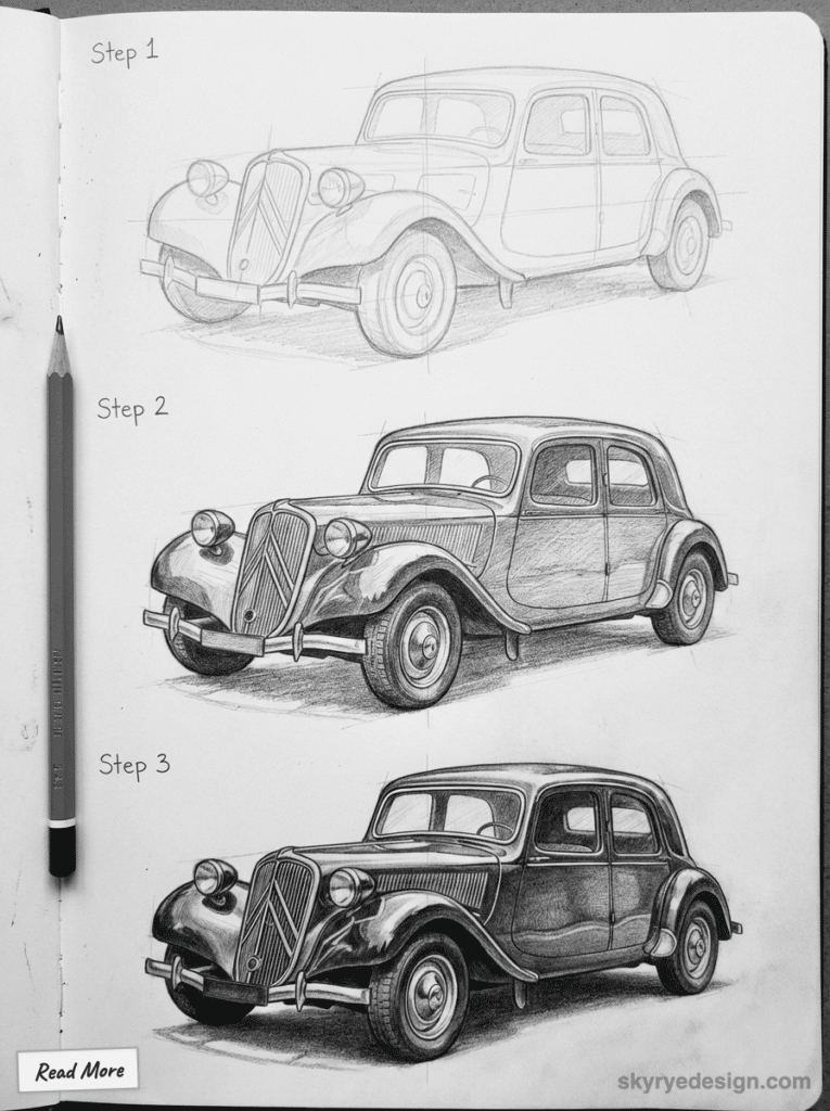 Step-by-step classic car sketch progression from outline to detailed shading, illustrating illustration techniques with a pencil.