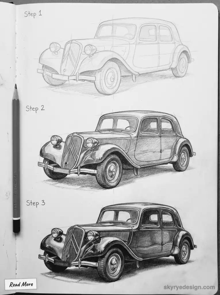 Step-by-step classic car sketch progression from outline to detailed shading, illustrating illustration techniques with a pencil.