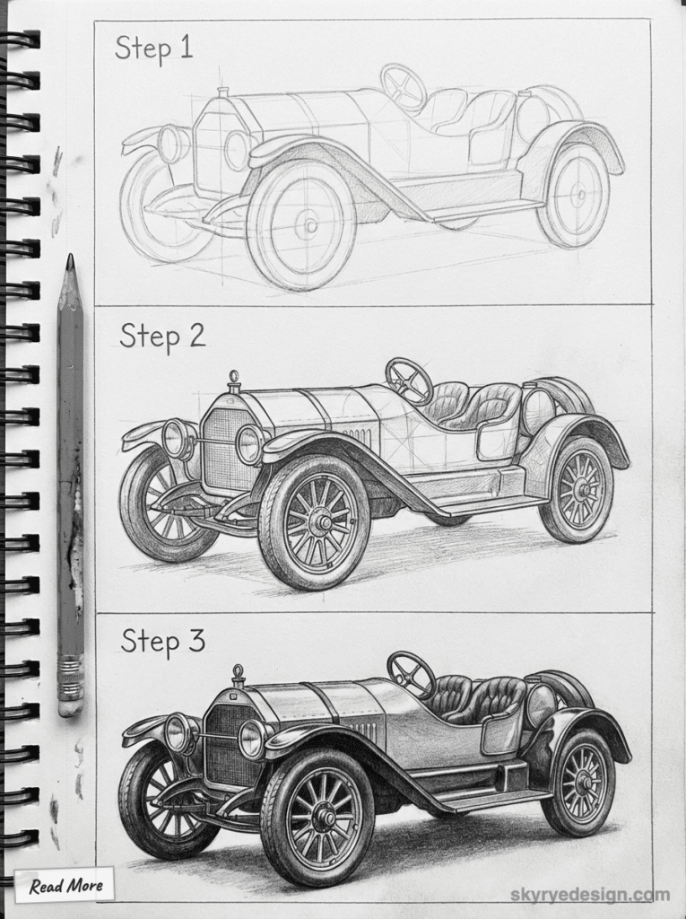 Step-by-step illustration of a vintage car drawing: rough sketch to detailed shading on paper with a pencil. Vintage Car Drawings Stutz Bearcat