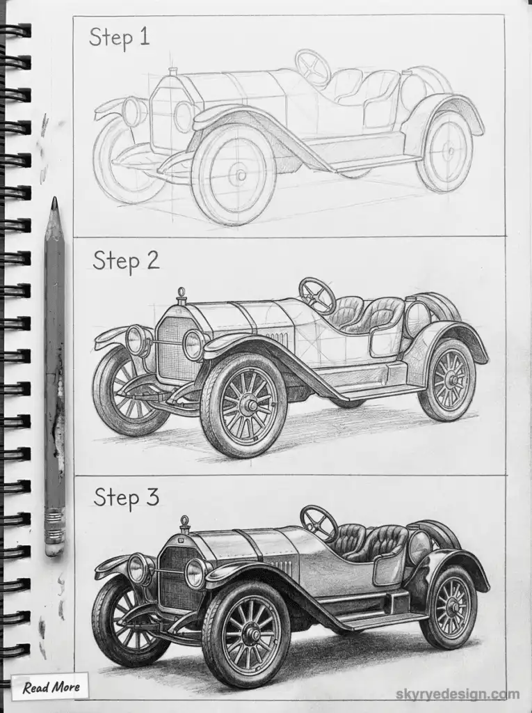 Step-by-step illustration of a vintage car drawing: rough sketch to detailed shading on paper with a pencil. Vintage Car Drawings Stutz Bearcat