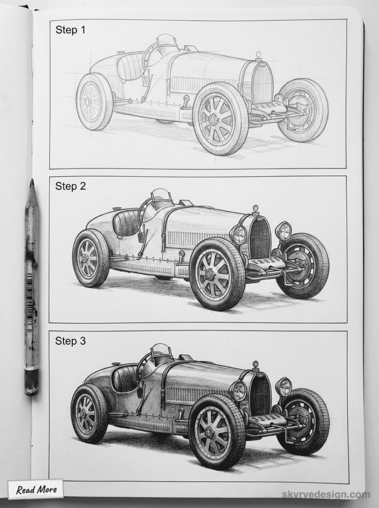 Step-by-step vintage car sketching guide in a notebook, showing progressive drawing stages from outline to detailed shading.
