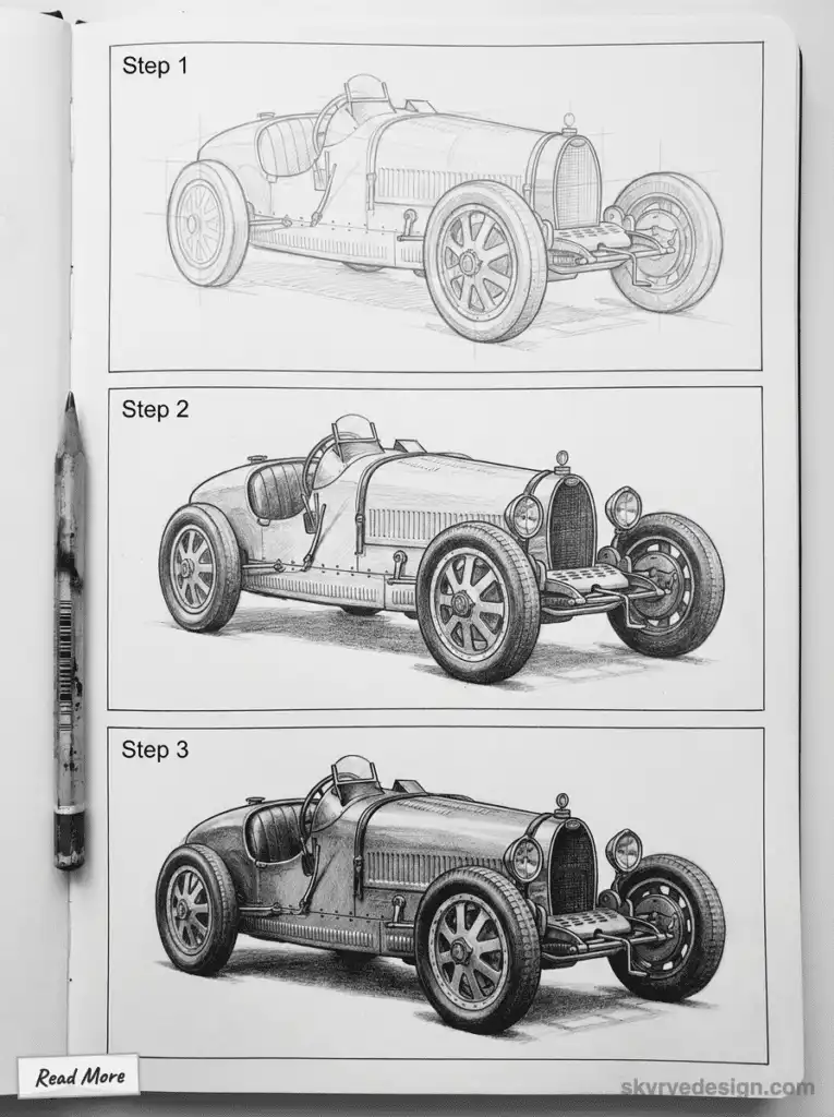 Step-by-step vintage car sketching guide in a notebook, showing progressive drawing stages from outline to detailed shading.