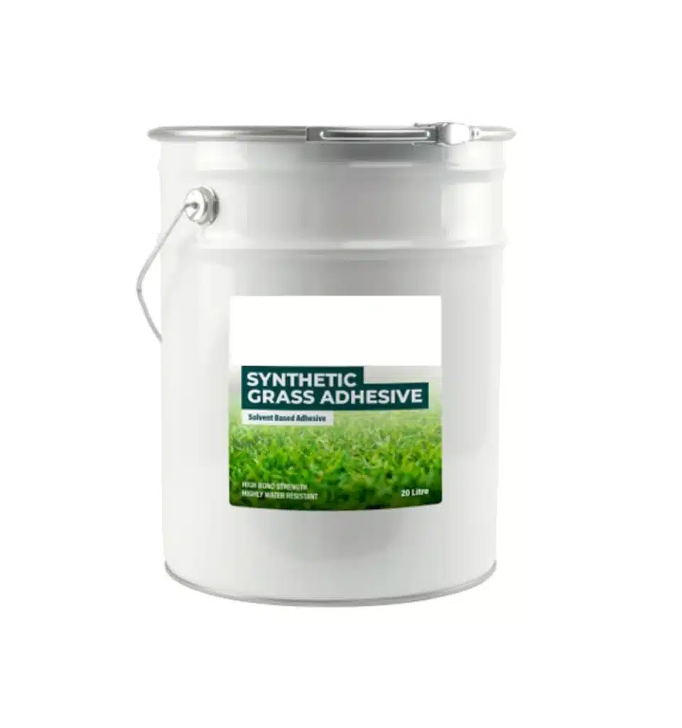 White container of synthetic grass adhesive, solvent-based, 20 liters, high bond strength and water resistant.