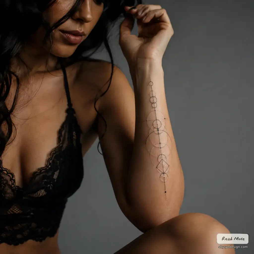 geometric tattoo for woman Minimal geometric forearm tattoo of circles and lines on woman in black lace bralette — minimal dotwork tattoo close-up | Sky Rye Design Minimal geometric forearm tattoo of circles and lines on woman in black lace bralette — minimal dotwork tattoo close-up