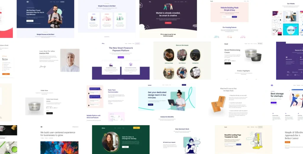 Collage of diverse website design templates showcasing various styles and layouts for businesses and creatives.