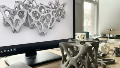 Studio workspace with monitor displaying generative organic lattice 3D model and 3D-printed porous sculptures