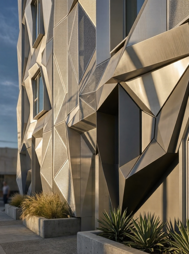Sunlit modern building facade with angular geometric metal panels and concrete planters of ornamental grasses and succulents