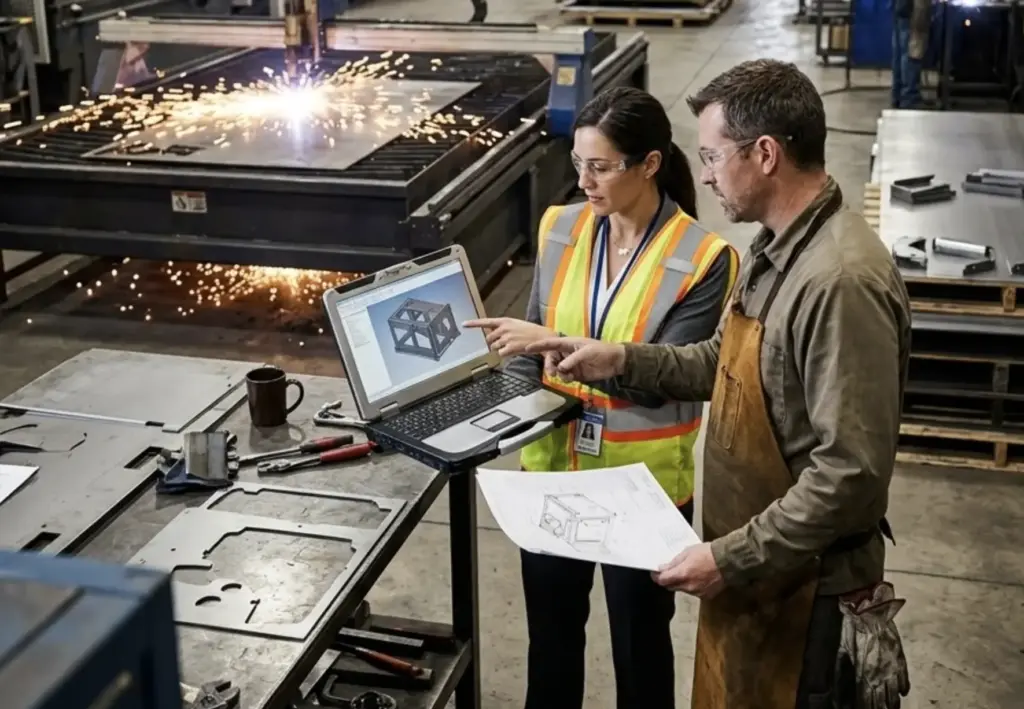 Engineer and technician review 3D CAD on laptop in metal fabrication shop near plasma cutter with sparks wearing safety vests