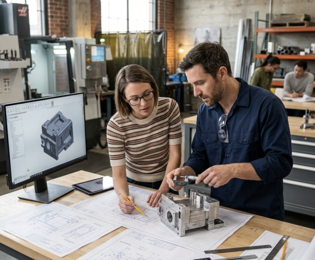 Engineers inspecting machined metal part with micrometer, CAD model on monitor and technical drawings in workshop.