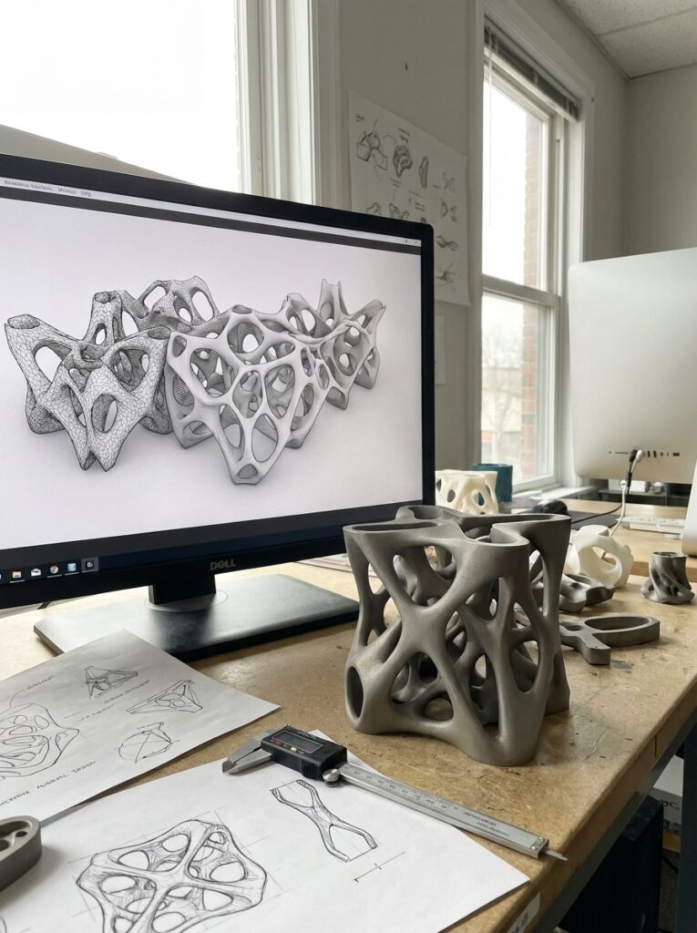 3D-printed organic lattice prototype on desk with CAD render, sketches and caliper in product design workspace