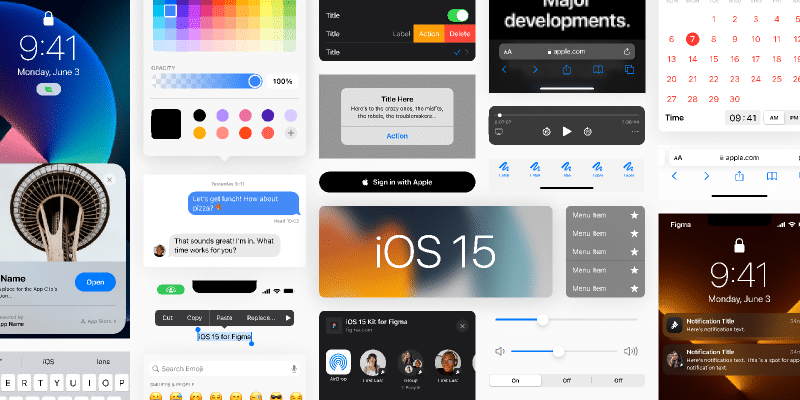 Collage of iOS 15 interface elements and widgets, showcasing diverse app designs and user interactions.
