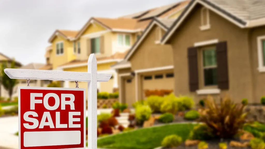 For sale sign in front of suburban house with manicured lawn, promoting real estate opportunity.