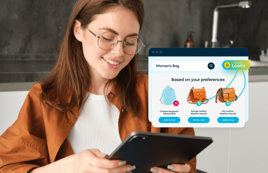Woman shopping for bags on tablet with personalized recommendations from Loomi app.