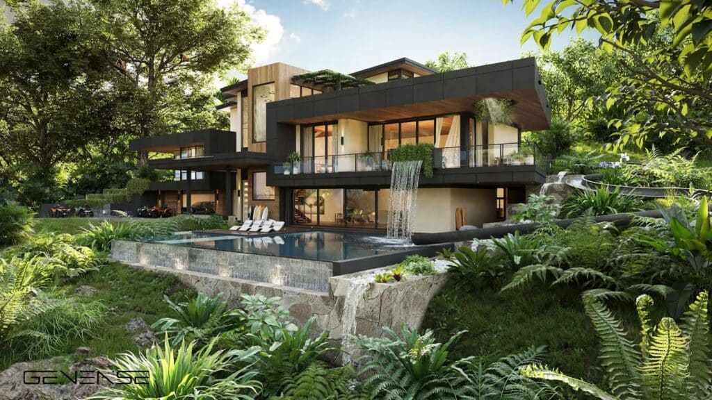 Luxurious modern home with infinity pool, surrounded by lush greenery and trees.