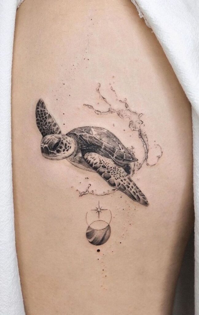 _ Detailed sea turtle tattoo with cosmic elements on skin, emphasizing nature and art. | Sky Rye Design Detailed sea turtle tattoo with cosmic elements on skin, emphasizing nature and art.