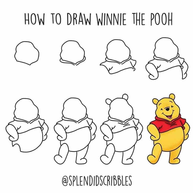 Step-by-step guide to drawing Winnie the Pooh, from outline to colored character, by @splendidscribbles.