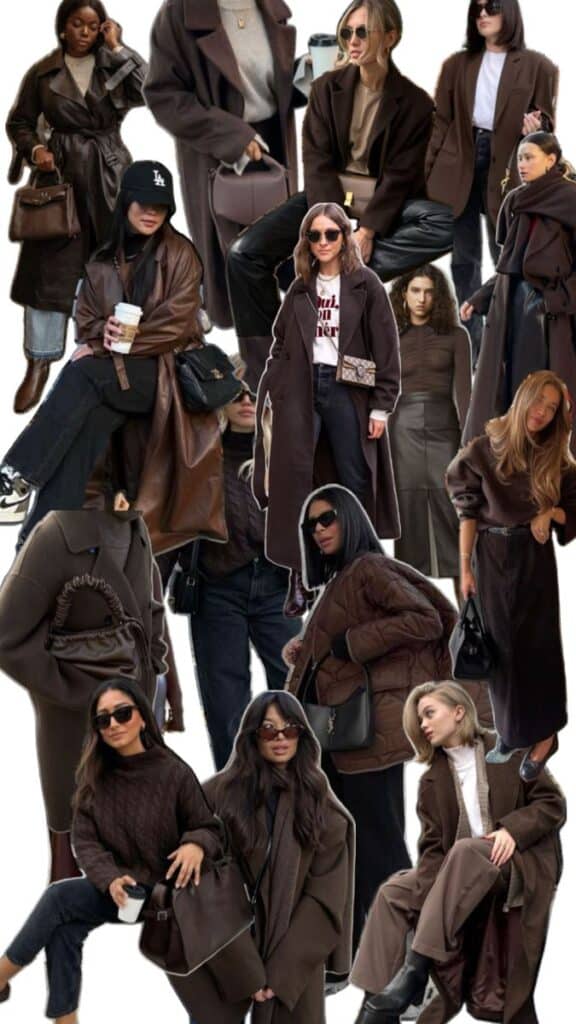_ Stylish women in trendy brown coats, bags, and sunglasses, showcasing chic fall fashion outfits. | Sky Rye Design Stylish women in trendy brown coats, bags, and sunglasses, showcasing chic fall fashion outfits.