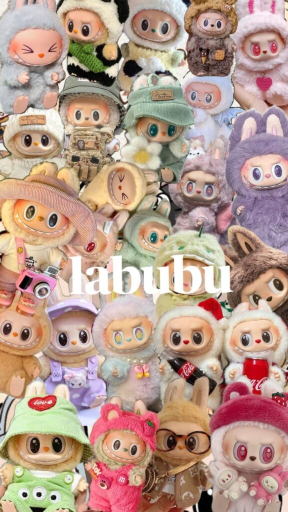 _ Collage of Labubu dolls in various colorful outfits and accessories, showcasing cute and playful character designs. | Sky Rye Design Collage of Labubu dolls in various colorful outfits and accessories, showcasing cute and playful character designs.