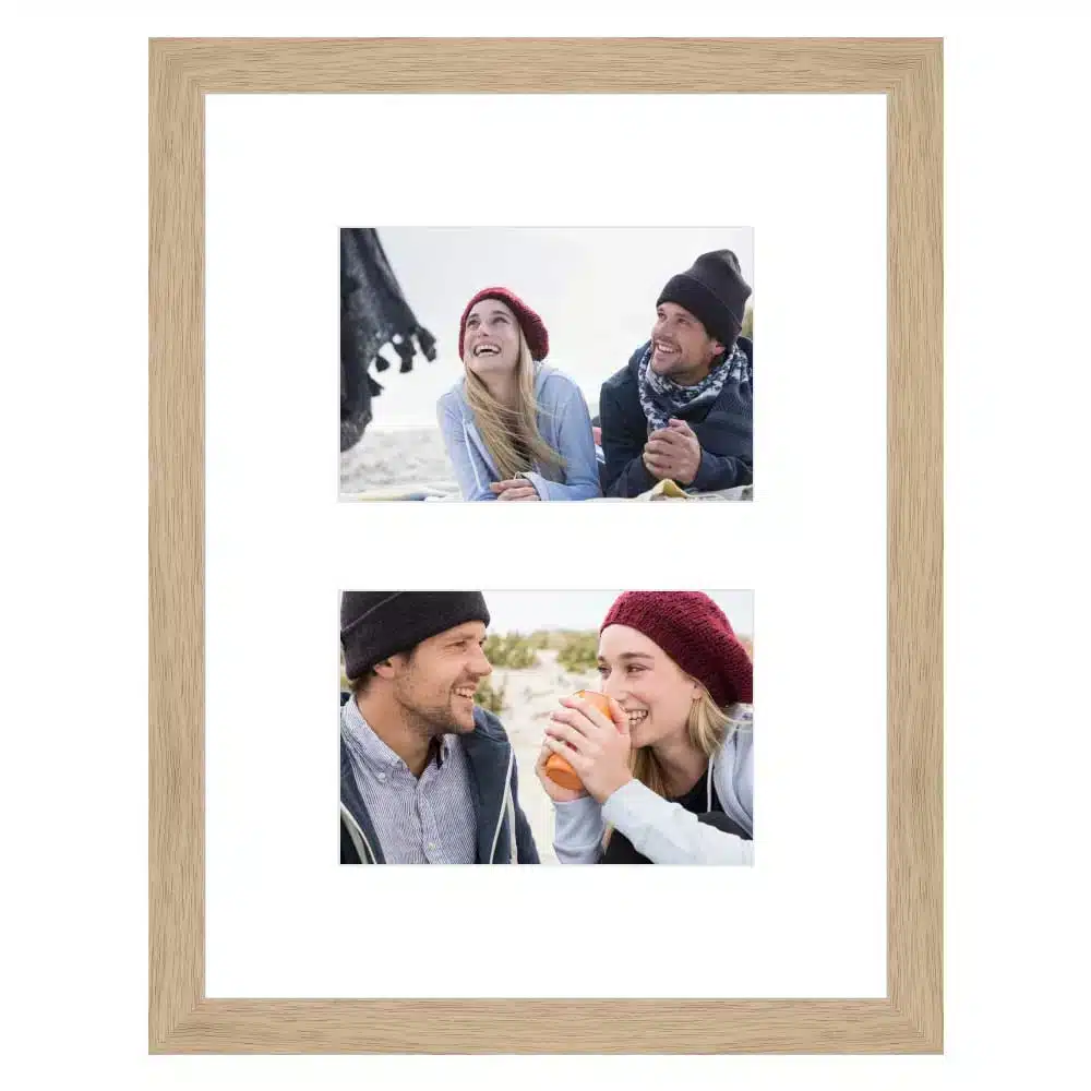 Framed collage with smiling couple enjoying time together at the beach, wearing cozy winter hats.