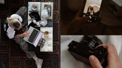 Person working on a laptop surrounded by gadgets, next to photos of a smartphone and camera in use.
