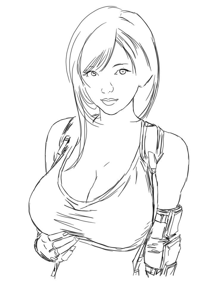 Black and white sketch of a female character with long hair, wearing a tank top and gloves, looking forward.