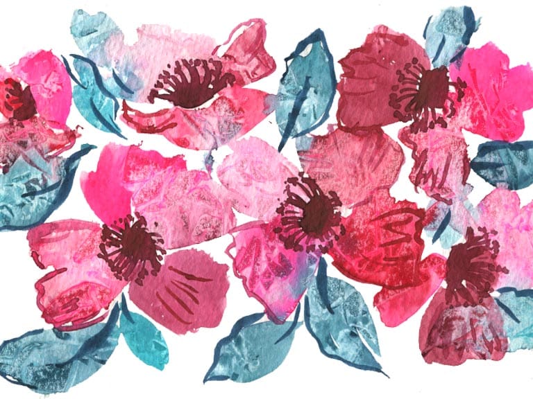 Abstract watercolor painting of vibrant pink and red flowers with teal leaves on a white background.
