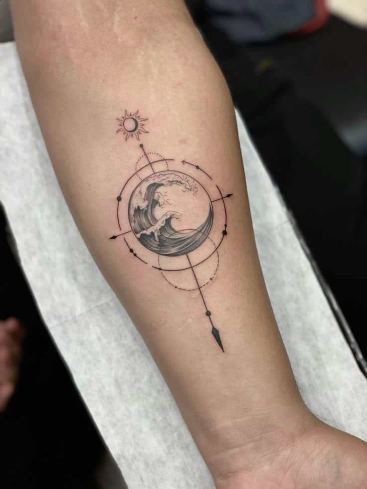 wave 🌊 tattoo Geometric wave tattoo on forearm with compass design and sun element, minimalistic black line art. | Sky Rye Design Geometric wave tattoo on forearm with compass design and sun element, minimalistic black line art.