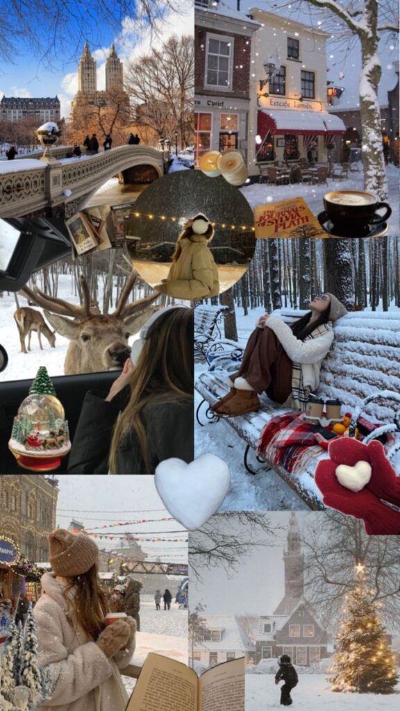 Winter collage with snowy landscapes, cozy cafes, a deer, and a person enjoying the winter wonderland.
