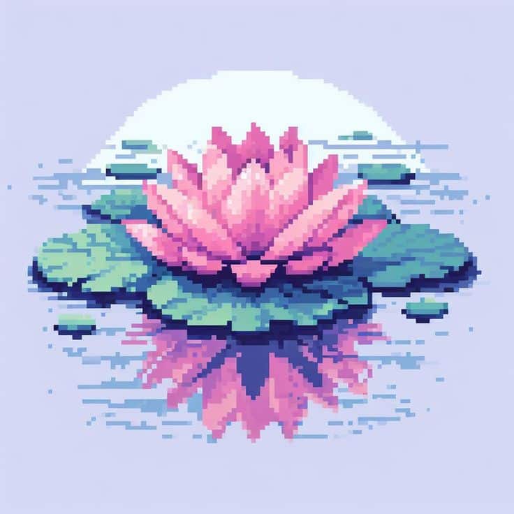 Pixel art of a pink lotus flower on water with lily pads and a sunset reflection in the background.