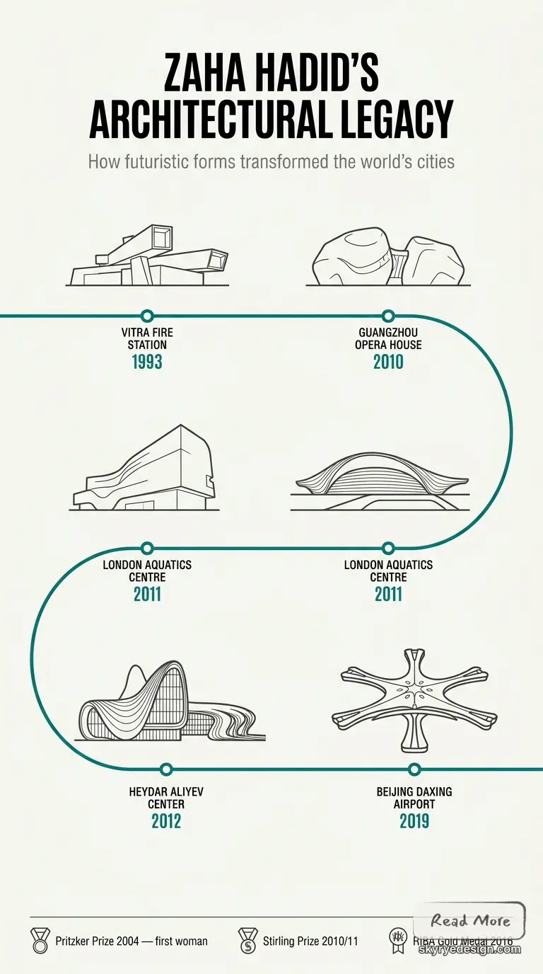 Infographic timeline of futuristic architectural landmarks highlighting iconic civic, cultural and transport buildings.