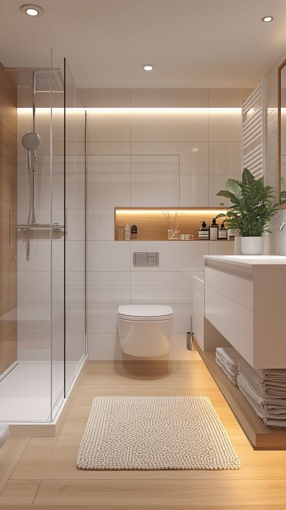Modern bathroom with elegant shower, floating vanity, and soft lighting, featuring beige and white decor.