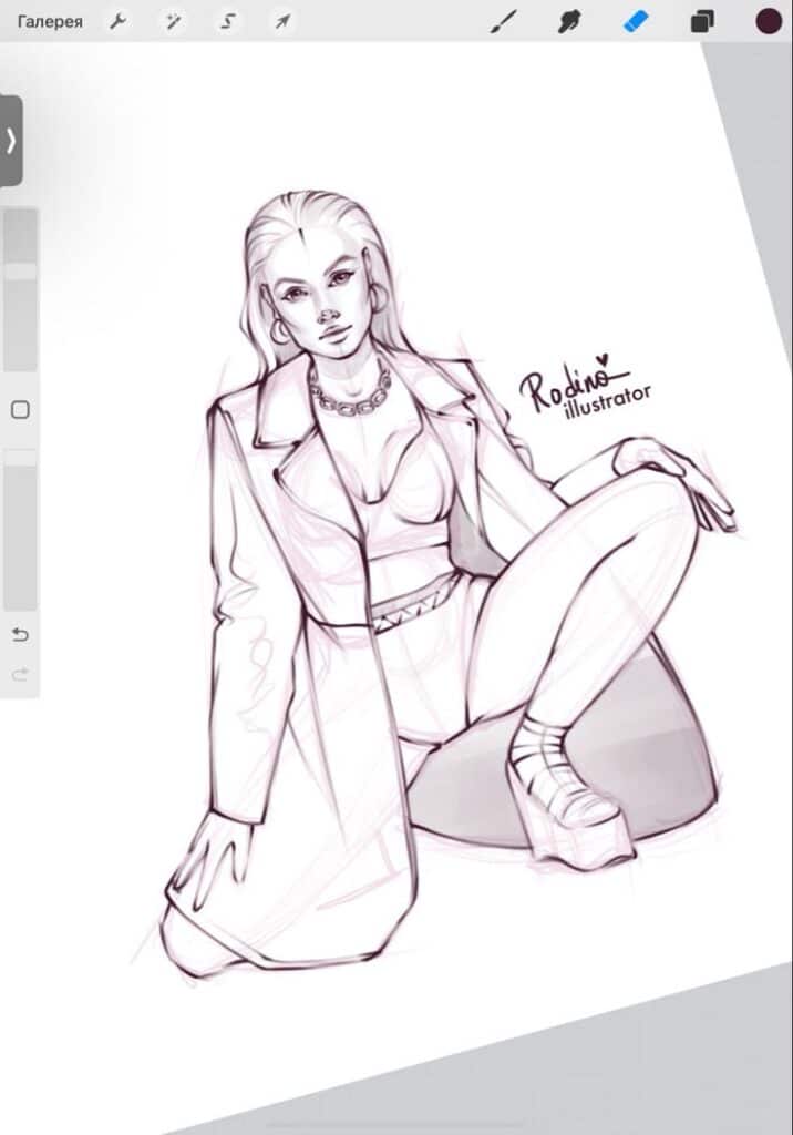 Illustration of a fashionable woman in a coat and heels sitting confidently, sketched by Rodine.