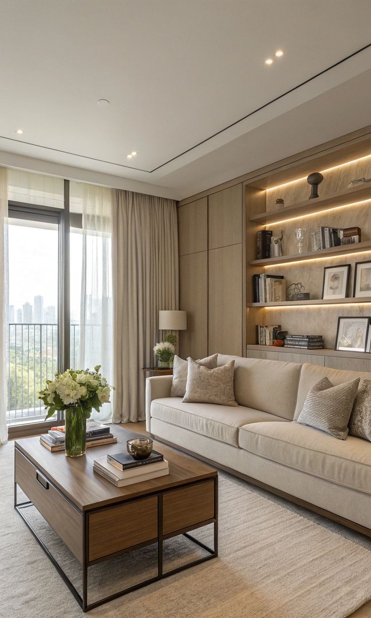 Modern living room with beige sofa, wooden coffee table, built-in shelves, and large window with city view.