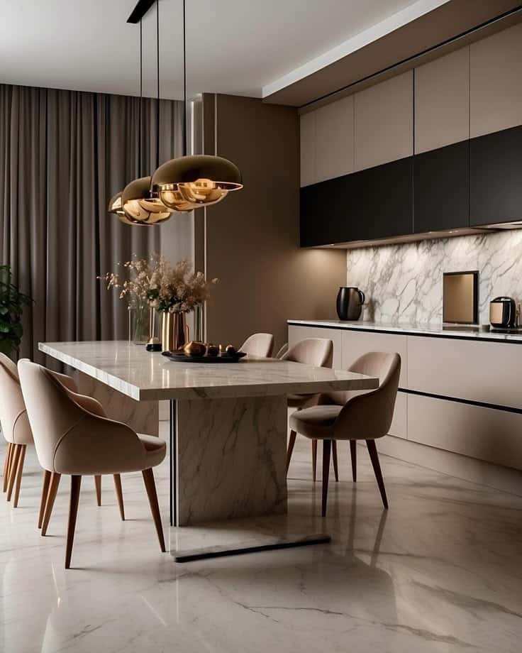 Modern kitchen with marble dining table, elegant chairs, and stylish pendant lighting. Luxurious and contemporary design.