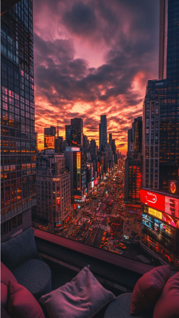 City skyline view at sunset with vibrant clouds and bustling streets below, seen from a cozy window vantage point.