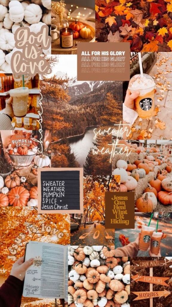 Autumn vibes collage with pumpkins, lattes, leaves, and inspirational quotes like God is love and Sweater weather.